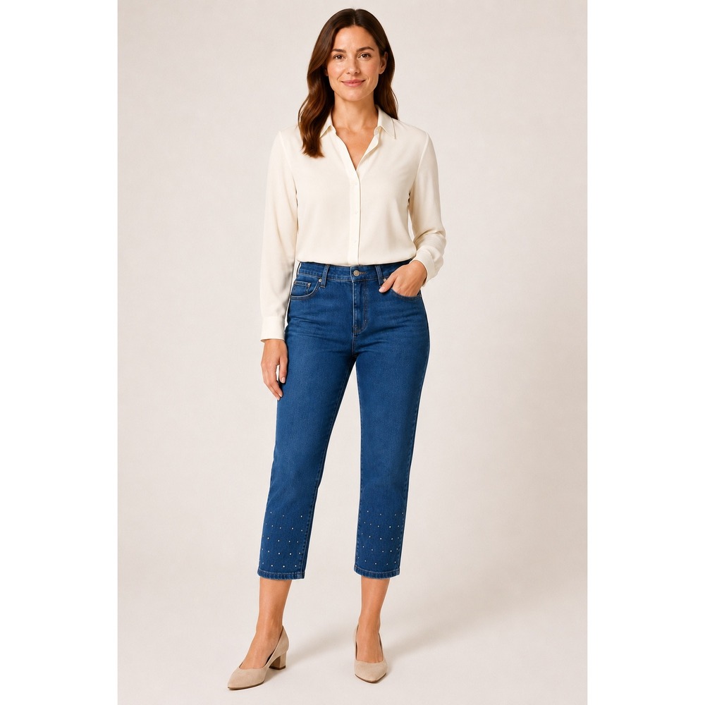 Talbots Slim Ankle Jeans Womens 14P Blue Denim Rhinestone Studded Hem Petite NEW